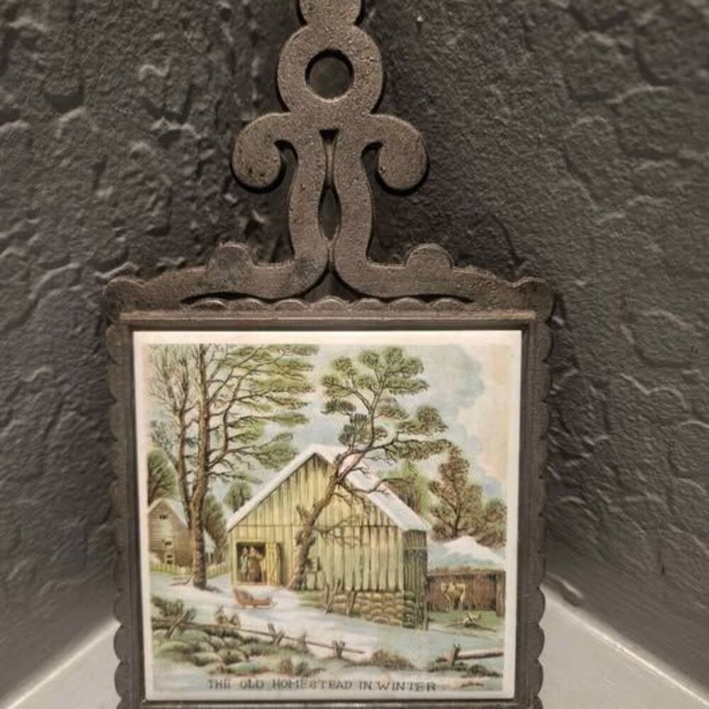 Vintage “The Old Homestead In Winter” Cast Iron & Tile Trivet
